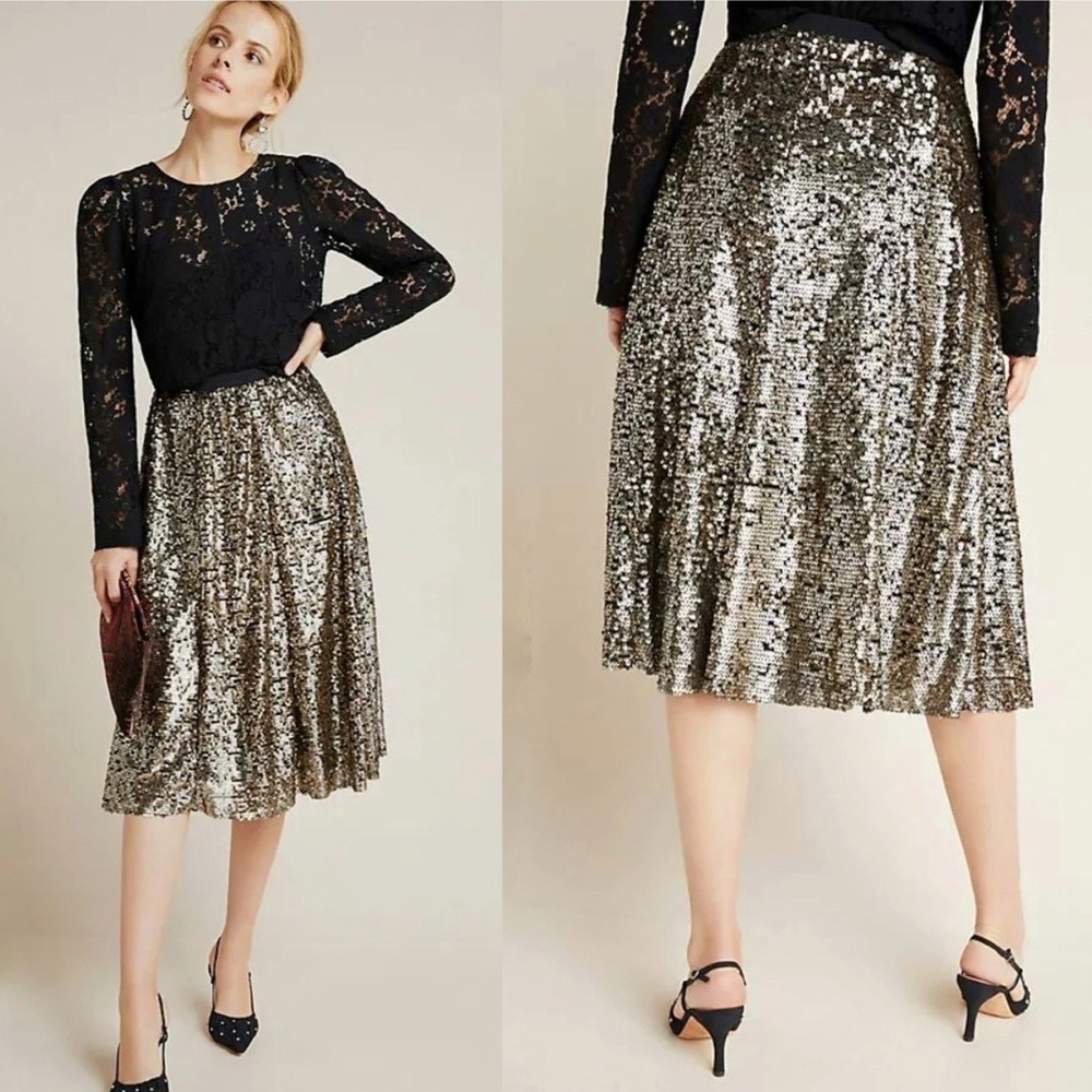 Maeve Anthropologie Orleans Gold Black Sequin Midi Skirt